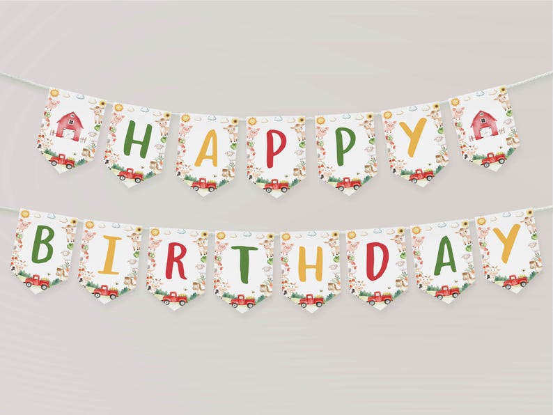 May include: A decorative banner spelling HAPPY BIRTHDAY on individual pennants. Each pennant features a white background with colourful farm-themed illustrations including red barns, red pickup trucks, sunflowers, and various farm animals.