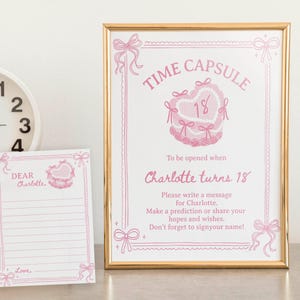 Plantilla de cápsula del tiempo para primer cumpleaños con lazo rosa editable, tarjetas de cápsula del tiempo con lazo rosa coqueto, recuerdo de cumpleaños de niña, plantilla imprimible. C014