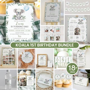 Koala-Geburtstags-Bundle, Koala-Einladung 1. Geburtstags-Bundle, australischer Tiergeburtstag, Koala-Party-bearbeitbares druckbares Paket. K001