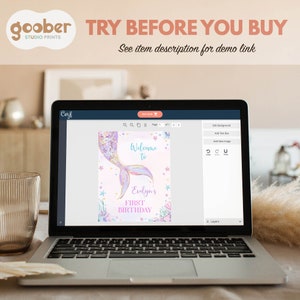May include: A laptop screen displaying a digital birthday sign template featuring a mermaid tail illustration, pastel colors, and the text Welcome to Evelyn's FIRST BIRTHDAY. The interface includes editing tools, a buy button, and brand text.