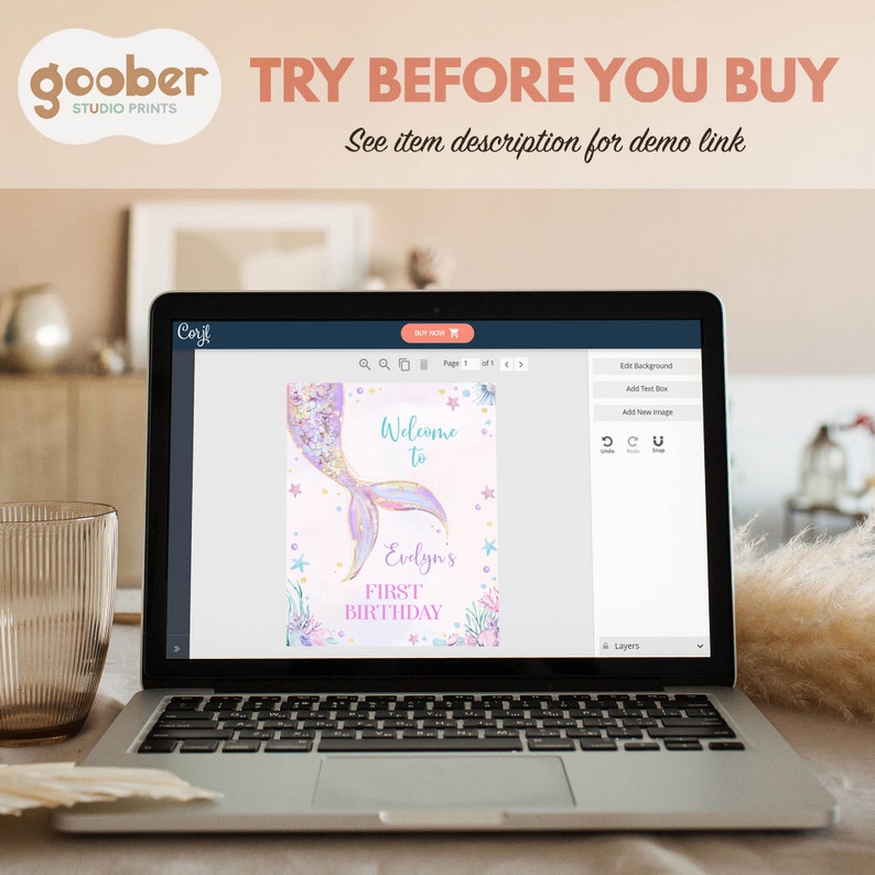 May include: A laptop screen displaying a digital birthday sign template featuring a mermaid tail illustration, pastel colors, and the text Welcome to Evelyn's FIRST BIRTHDAY. The interface includes editing tools, a buy button, and brand text.