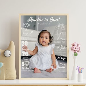 May include: A framed milestone poster featuring a photograph of a baby in a white dress, with white text detailing developmental facts including 28 inches, 30 pounds, 5 teeth, and the name Amelia is One, surrounded by white line-art icons.