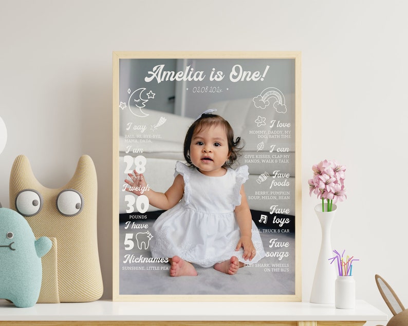 May include: A framed milestone poster featuring a photograph of a baby in a white dress, with white text detailing developmental facts including 28 inches, 30 pounds, 5 teeth, and the name Amelia is One, surrounded by white line-art icons.
