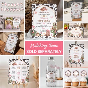 May include: A collection of western-themed party stationery featuring cow print borders, pink accents, cowboy hats, boots, and cacti. Items include a birthday invitation, thank you tags, milestone board, water bottle labels, and cupcake toppers.