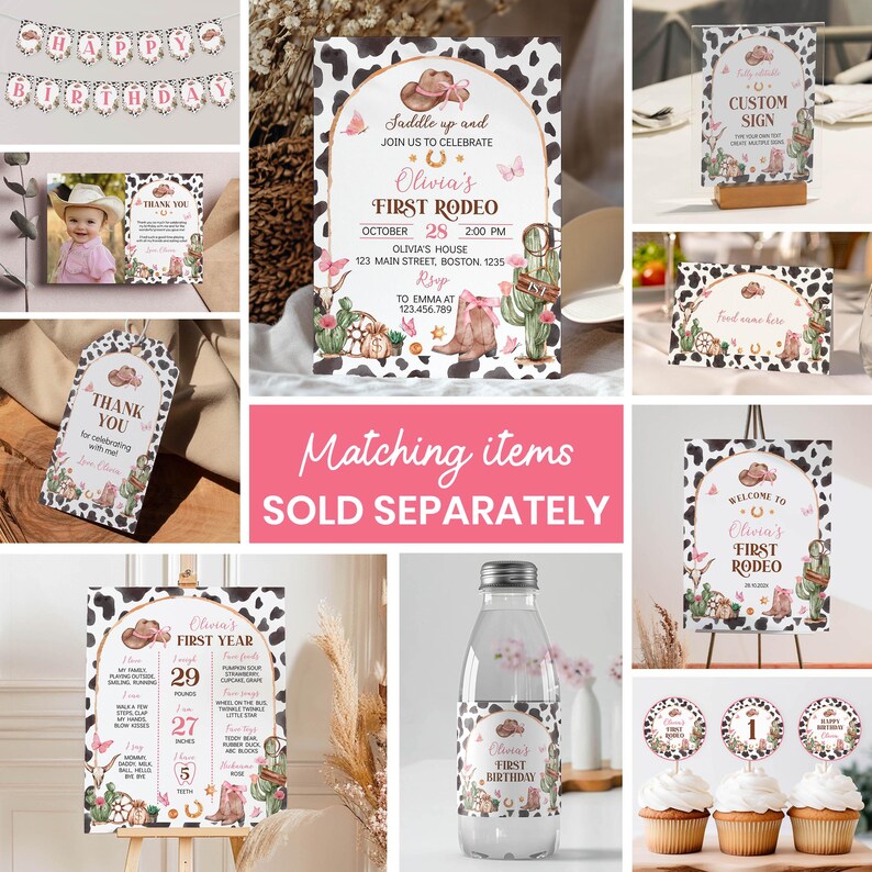 May include: A collection of western-themed party stationery featuring cow print borders, pink accents, cowboy hats, boots, and cacti. Items include a birthday invitation, thank you tags, milestone board, water bottle labels, and cupcake toppers.