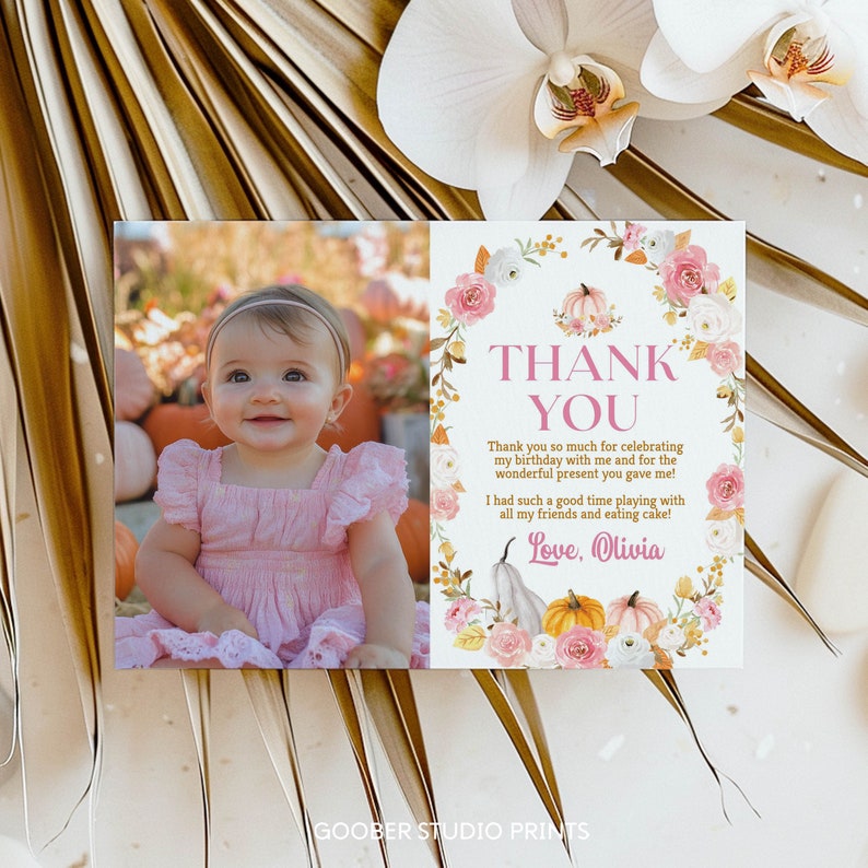 EDITABLE Pumpkin 1st Birthday Thank You Card, Boho Pumpkin Picture Thank You Card, Our Little Pumpkin Is One Birthday, Instant Download P015