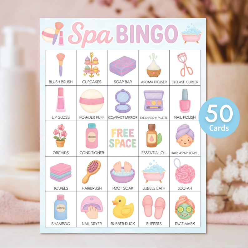 May include: A Spa Bingo game card in pastel colours, featuring illustrations of spa items such as a blush brush, cupcakes, soap bar, and nail polish. The card includes the text "Spa Bingo" and "50 Cards".