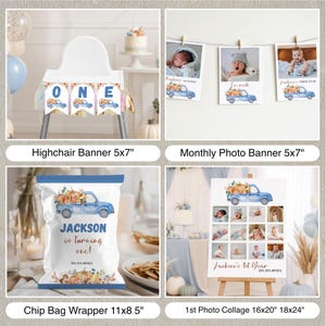 May include: A collection of party decorations featuring a blue truck and pumpkin theme, including a 5x7 inch highchair banner, a 5x7 inch monthly photo banner, an 11x8.5 inch chip bag wrapper, and a 16x20 or 18x24 inch first year photo collage.