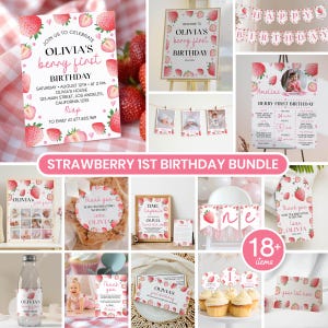 May include: A strawberry-themed first birthday party decoration bundle featuring invitations, banners, milestone signs, favor tags, cupcake toppers, and water bottle labels, all decorated with pink and red strawberry illustrations and text.