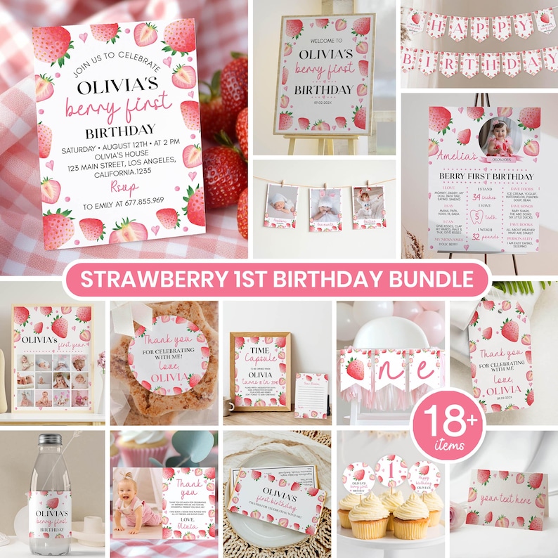 May include: A strawberry-themed first birthday party decoration bundle featuring invitations, banners, milestone signs, favor tags, cupcake toppers, and water bottle labels, all decorated with pink and red strawberry illustrations and text.