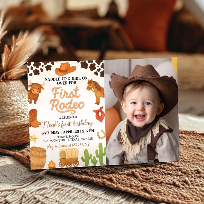 My First Rodeo Birthday Invitation, Wild West Birthday Photo Invitation, Cowboy 1st Birthday Invite, Editable & Printable Template