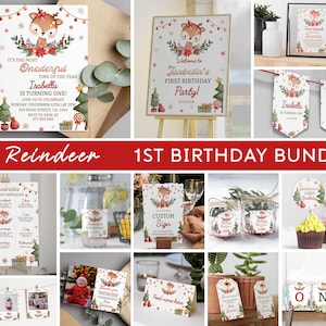 Editable Reindeer 1st Birthday Invitation Bundle, December Birthday Party Decor, Christmas Onederful Birthday Package Instant Download R009