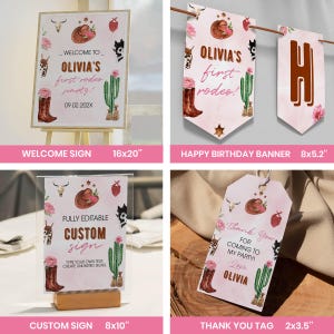 Paquete de cumpleaños de vaquera rosa para el primer rodeo / Set editable para fiesta de primer cumpleaños estilo western / Decoración imprimible para el primer rodeo de niña. R007 imagen 5