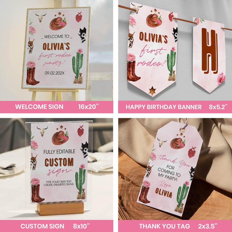 Paquete de cumpleaños de vaquera rosa para el primer rodeo / Set editable para fiesta de primer cumpleaños estilo western / Decoración imprimible para el primer rodeo de niña. R007 imagen 5
