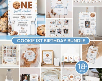 Editable Milk and Cookies First Birthday Invitation Bundle, Boy 1st Birthday Party Kit, Birthday Decor Package, Instant Download. C010