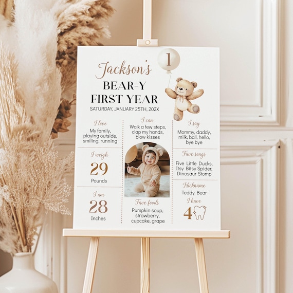 Beary First Birthday Milestone Poster, Teddy Bear Birthday Milestone Photo Sign, Boho Brown Bear Party Stats Board, Printable Template. B022