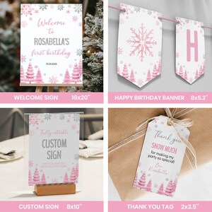 May include: A collection of party stationery featuring pink pine trees and silver snowflakes. Includes a 16x20 inch welcome sign, an 8x5.2 inch banner with the letter H, an 8x10 inch custom sign, and a 2x3.5 inch thank you tag with twine.
