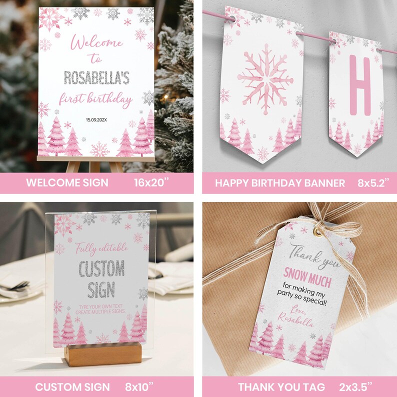 May include: A collection of party stationery featuring pink pine trees and silver snowflakes. Includes a 16x20 inch welcome sign, an 8x5.2 inch banner with the letter H, an 8x10 inch custom sign, and a 2x3.5 inch thank you tag with twine.