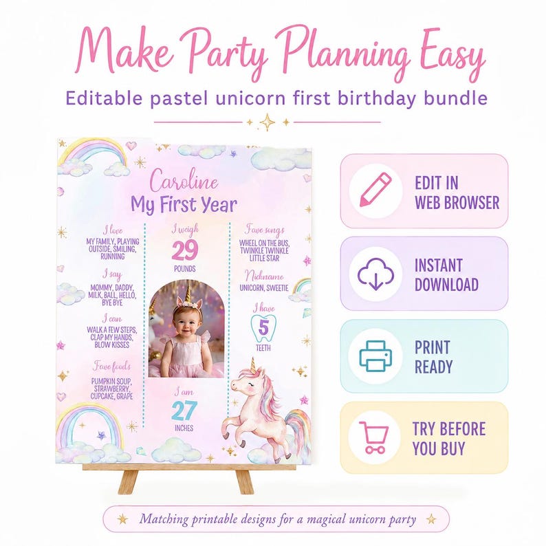 May include: An editable pastel unicorn first birthday milestone board featuring a photo of a child, rainbow and cloud graphics, and text including 'Caroline My First Year', '29 POUNDS', and '27 INCHES'. Includes icons for web editing and printing.