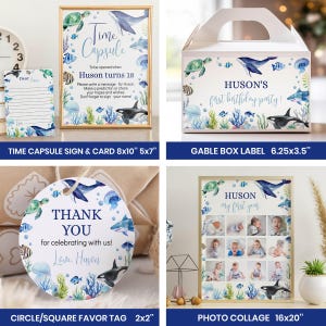 May include: A collection of party stationery featuring watercolor sea life illustrations including a Time Capsule sign and card, a gable box label, a circular favor tag, and a photo collage, all personalized with the name Huson and ocean themes.