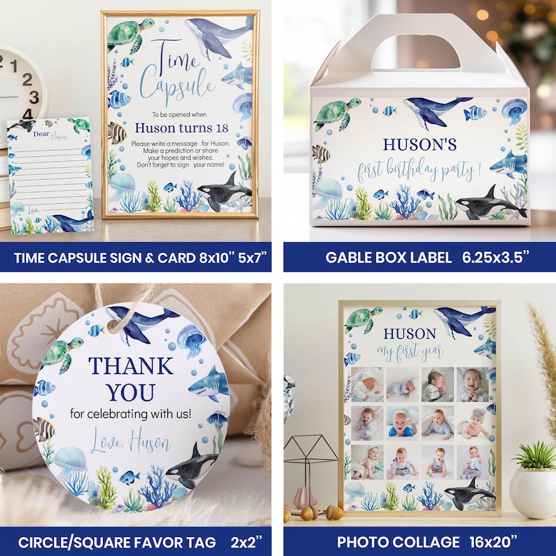 May include: A collection of party stationery featuring watercolor sea life illustrations including a Time Capsule sign and card, a gable box label, a circular favor tag, and a photo collage, all personalized with the name Huson and ocean themes.
