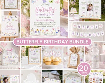 Butterfly First Birthday Bundle | Wildflower 1st Birthday Party Decorations | Editable Butterfly Party Templates | Instant Download. B015