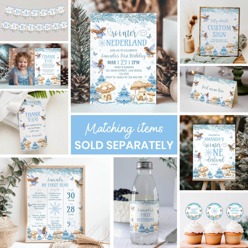 May include: A collection of winter-themed party supplies featuring blue fairy and mushroom illustrations, including a birthday invitation, thank you tags, a milestone board, water bottle labels, cupcake toppers, and signage with text like Happy Birthday.