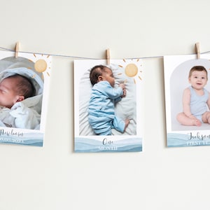 Bannière photo Premier voyage autour du soleil, bannière pour 1er anniversaire Boho Sunshine, cartes d'étape mensuelles pour la première année de bébé, modèle imprimable. S005