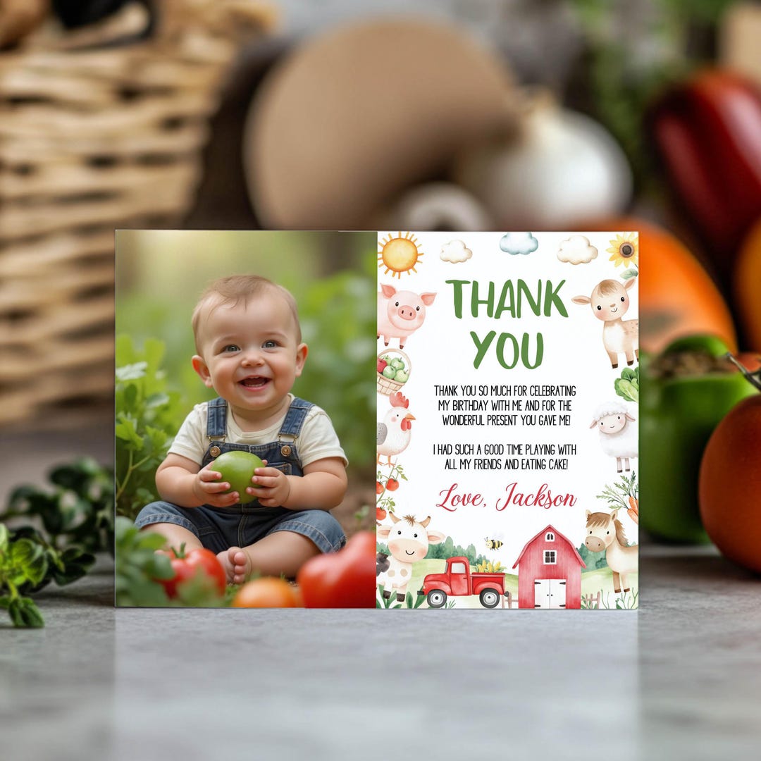 EDITABLE Farm Birthday Thank You Card, Farm Party Photo Thank You Card ...