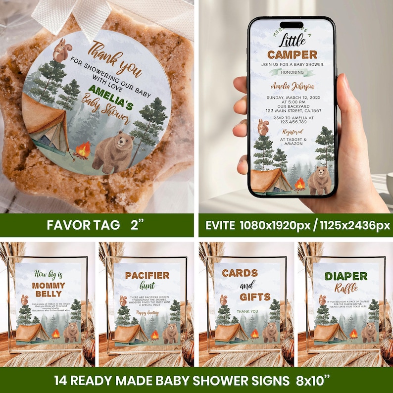 May include: A collection of baby shower decorations with a camping theme. Includes a favor tag, an Evite on a phone, and several signs. The signs read "Mommy Belly", "Pacifier Hunt", "Cards and Gifts", and "Diaper Raffle".