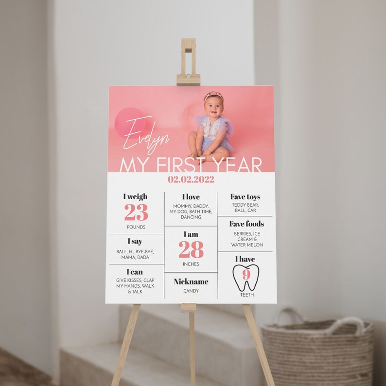 May include: A milestone birthday sign featuring a photo of a baby named Evelyn, the text MY FIRST YEAR, and the date 02.02.2022. The board displays statistics including 23 pounds, 28 inches, 9 teeth, and lists of favorite foods, toys, and milestones.
