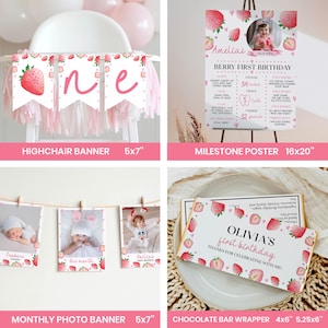 May include: A strawberry-themed party set including a highchair banner with pink letters, a 16x20 inch milestone poster, a monthly photo banner with 5x7 inch cards, and a 4x5.25 inch chocolate bar wrapper, all featuring pink strawberry illustrations.