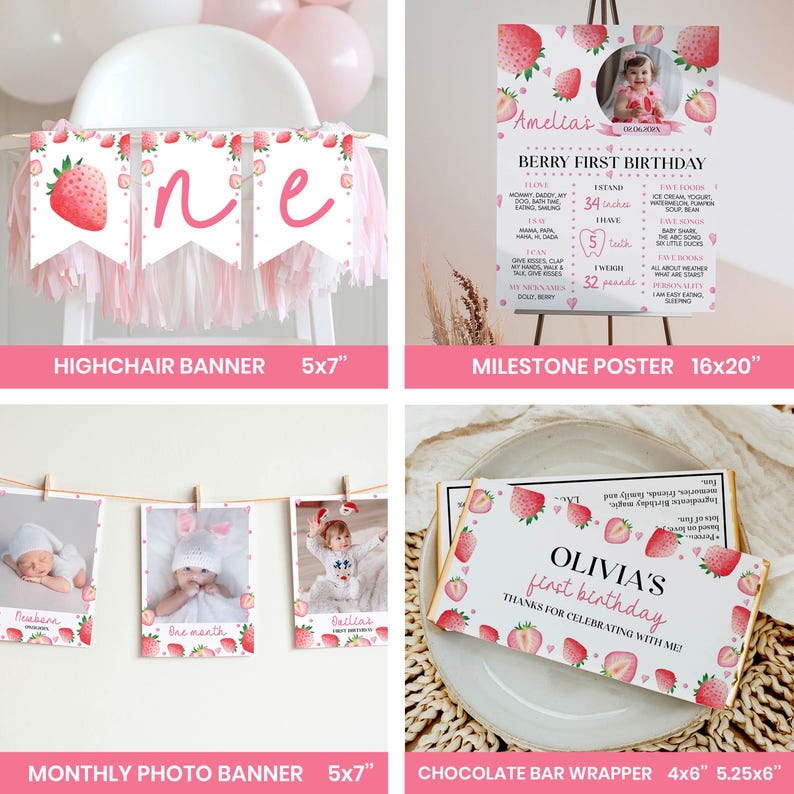 May include: A strawberry-themed party set including a highchair banner with pink letters, a 16x20 inch milestone poster, a monthly photo banner with 5x7 inch cards, and a 4x5.25 inch chocolate bar wrapper, all featuring pink strawberry illustrations.