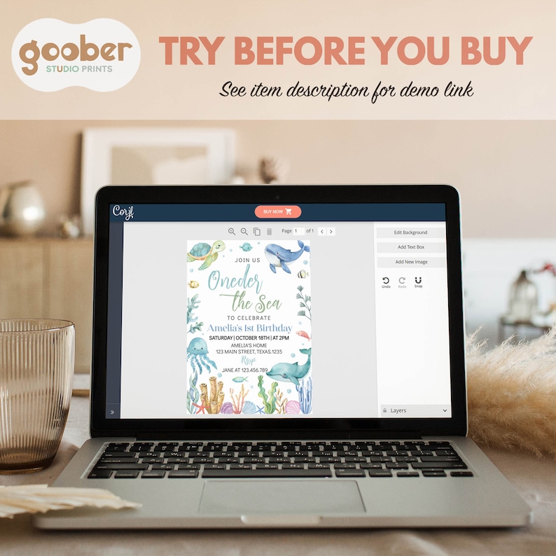 May include: A computer screen displaying a blue and green invitation with the text "Join us Oneder the Sea to celebrate Amelia's 1st Birthday" with a watercolor illustration of a turtle, jellyfish, and fish.