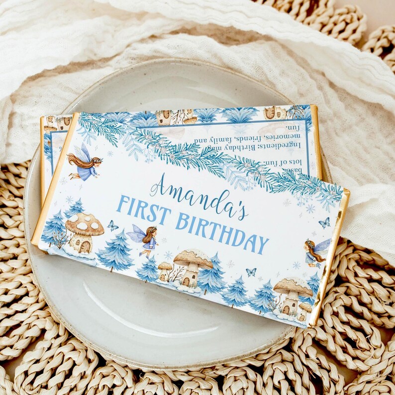 Winter Fairy Onederland Chocolate Wrapper | Editable Fairy Birthday Candy Bar Favor | Winter Onederland Party Thank You