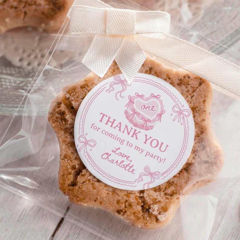 Pink Coquette Bow Party Thank You Tag, Pink Bow Birthday Favor Label, Sweet One Gift Tag, Vintage Girl Party Decor, Printable Template. C014