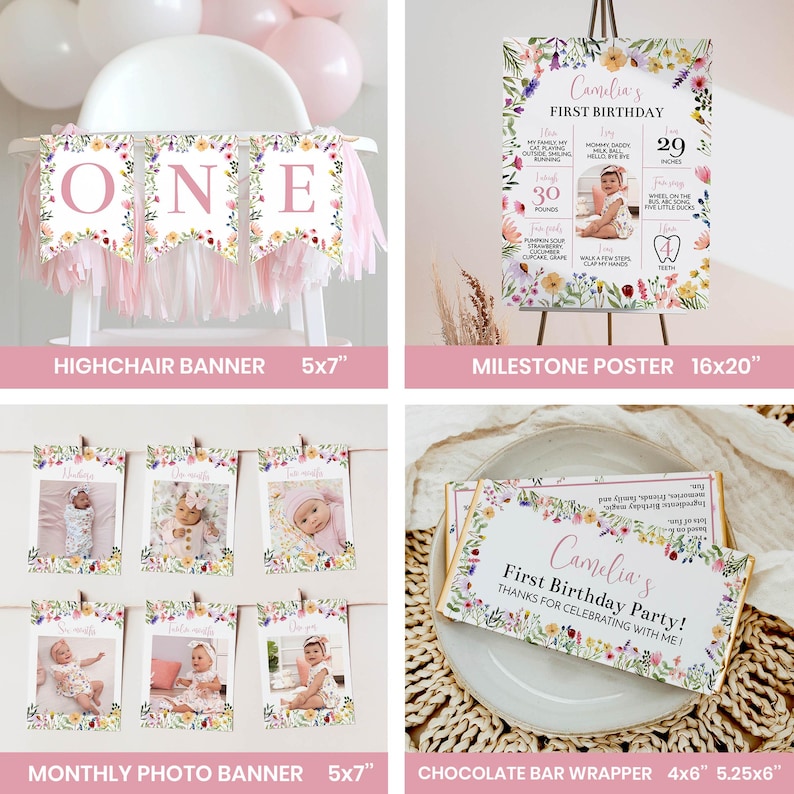 May include: A collection of first birthday party decorations featuring a floral theme. Includes a highchair banner, a 16x20 inch milestone poster, a monthly photo banner with 5x7 inch cards, and 4x5.25 inch chocolate bar wrappers with floral borders.