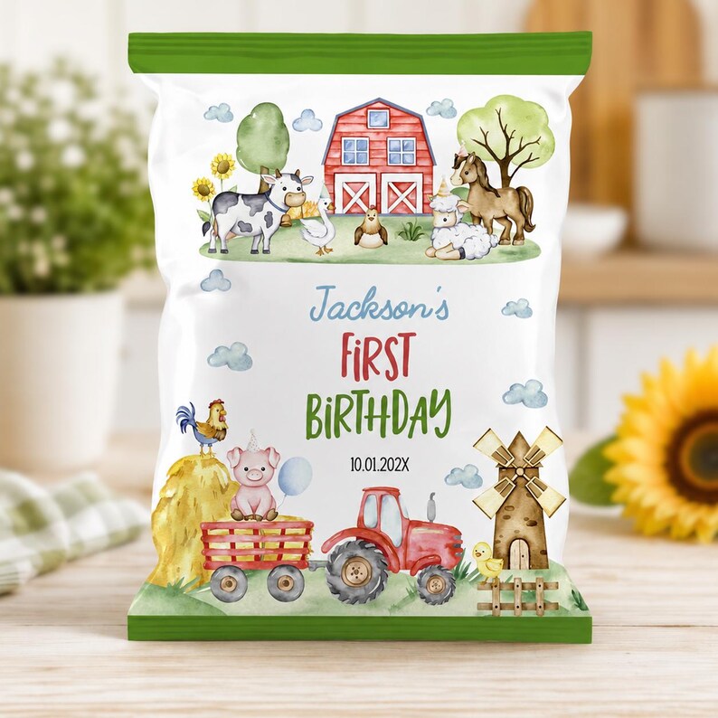 May include: A white snack bag with green top and bottom borders featuring a farm theme. Illustrations include a red barn, a cow, a horse, a pig, a tractor, and a windmill. Text reads: Jackson's FIRST BIRTHDAY 10.01.202X. The design includes watercolor style animals and clouds.