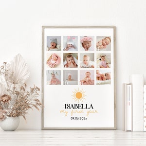 Puede incluir: Una impresi&oacute;n enmarcada titulada Isabella my first year con la fecha 09.06.202x. La l&aacute;mina presenta doce fotograf&iacute;as cuadradas de un beb&eacute; dispuestas en una cuadr&iacute;cula, numeradas del uno al doce, bajo un icono de sol amarillo.