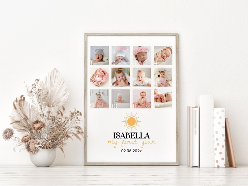 Puede incluir: Una impresi&oacute;n enmarcada titulada Isabella my first year con la fecha 09.06.202x. La l&aacute;mina presenta doce fotograf&iacute;as cuadradas de un beb&eacute; dispuestas en una cuadr&iacute;cula, numeradas del uno al doce, bajo un icono de sol amarillo.