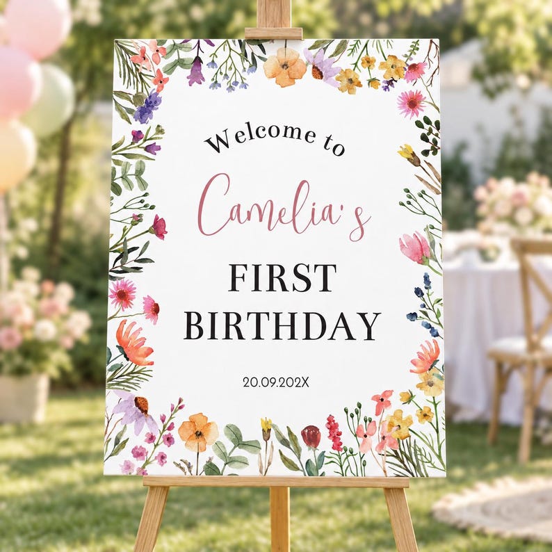 K&ouml;nnte beinhalten: Ein rechteckiges Willkommensschild mit einem aquarellierten Blumenrand aus verschiedenen bunten Wildblumen. Der Text lautet Welcome to Camelia's FIRST BIRTHDAY 20.09.202X. Das Schild steht auf einer h&ouml;lzernen Staffelei vor einem unscharfen Hintergrund.