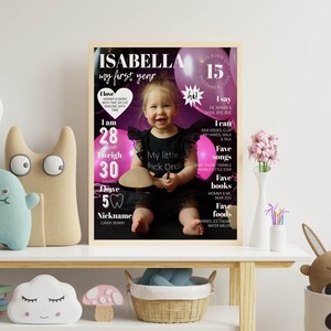 May include: A pink and black first birthday poster with a photo of a baby girl in a black dress. The poster includes the baby's name, Isabella, and details about her first year, including her age, weight, and favorite things. The poster is decorated with pink balloons and a pink heart.