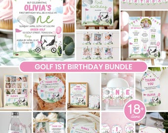 Golf 1st Birthday Invitation Bundle, Editable Hole In One Girl Party Kit Printable Template.