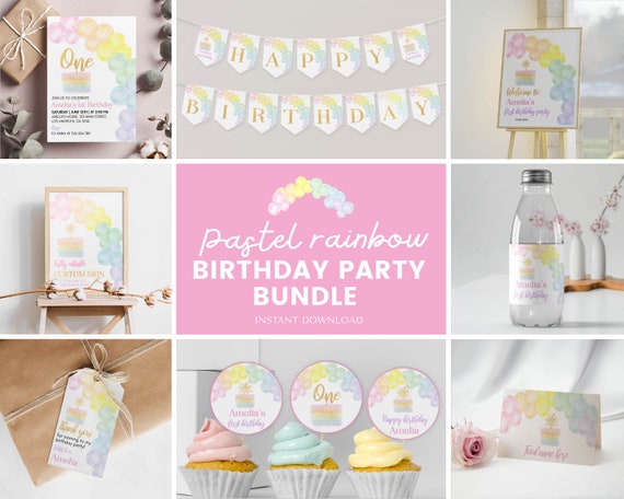 Pastel Rainbow Birthday Invitation Bundle, Pastel 1st Birthday