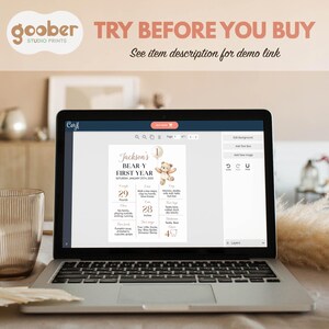 May include: A laptop screen displaying a digital milestone birthday poster template titled Jackson's BEAR-Y FIRST YEAR. The design features a brown teddy bear, a number one balloon, and text fields for weight in pounds, height in inches, and facts.