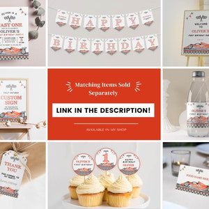 May include: A collection of party decorations with a race car theme. Includes invitations, a banner that says "Happy Birthday", a welcome sign, water bottle labels, cupcake toppers, a thank you tag, and a food name card. The color scheme is red, white, and gray.