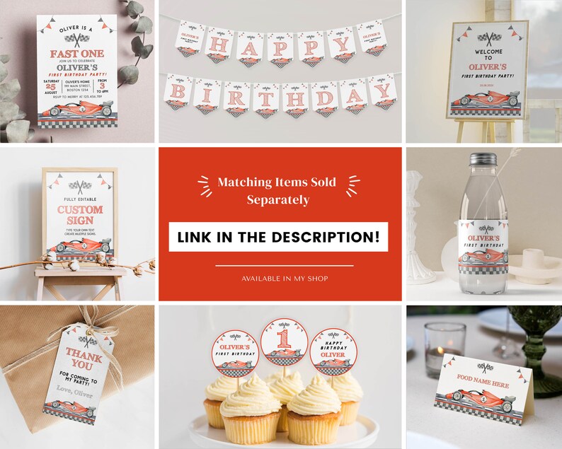 May include: A collection of party decorations with a race car theme. Includes invitations, a banner that says "Happy Birthday", a welcome sign, water bottle labels, cupcake toppers, a thank you tag, and a food name card. The color scheme is red, white, and gray.