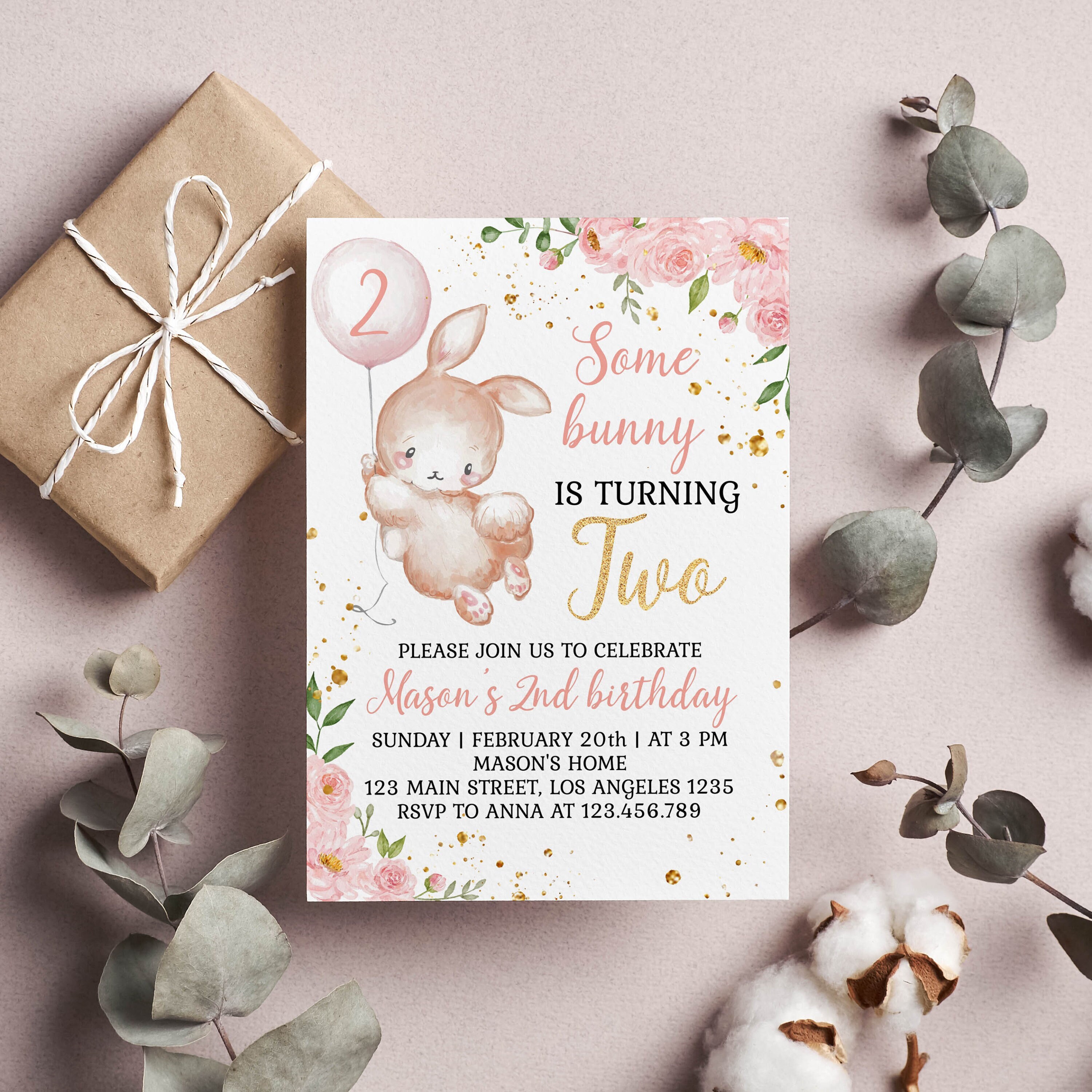 EDITABLE Some Bunny is Two Invitation, Bunny Birthday Invitation, Pink ...