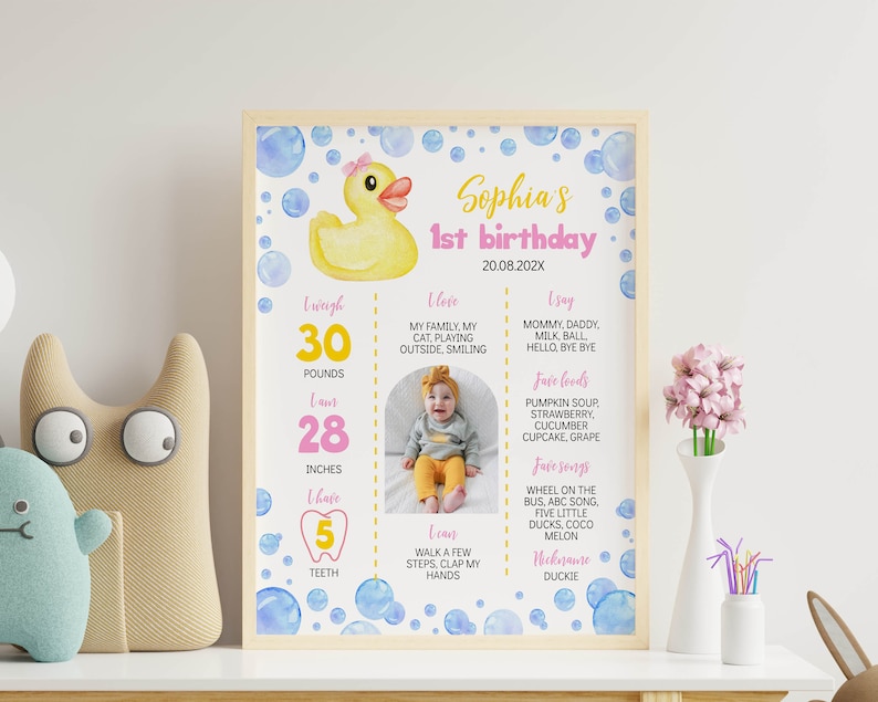 May include: A framed milestone poster for a first birthday featuring a yellow rubber duck, blue watercolor bubbles, and text including Sophia's 1st birthday, 30 pounds, 28 inches, 5 teeth, and personal details alongside a central photograph of a baby.