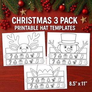 May include: Three printable Christmas hat templates on white paper, featuring a reindeer, snowman, and elf design. The text "CHRISTMAS 3 PACK PRINTABLE HAT TEMPLATES" is displayed above the hats. The paper size is 21.6 cm x 27.9 cm.